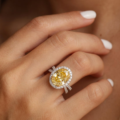 4Cttw Oval Shaped Yellow Lab Grown Diamond (F/VS) Split Shank Halo Engagement Ring 14K Gold