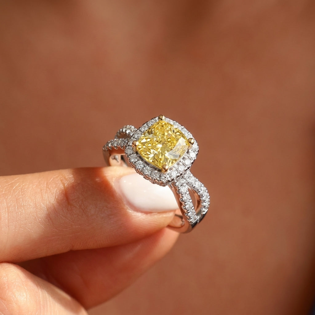 2.25Cttw Elongated Cushion Shaped Yellow Lab Grown Diamond (F/VS) Engagement Ring 14K Gold