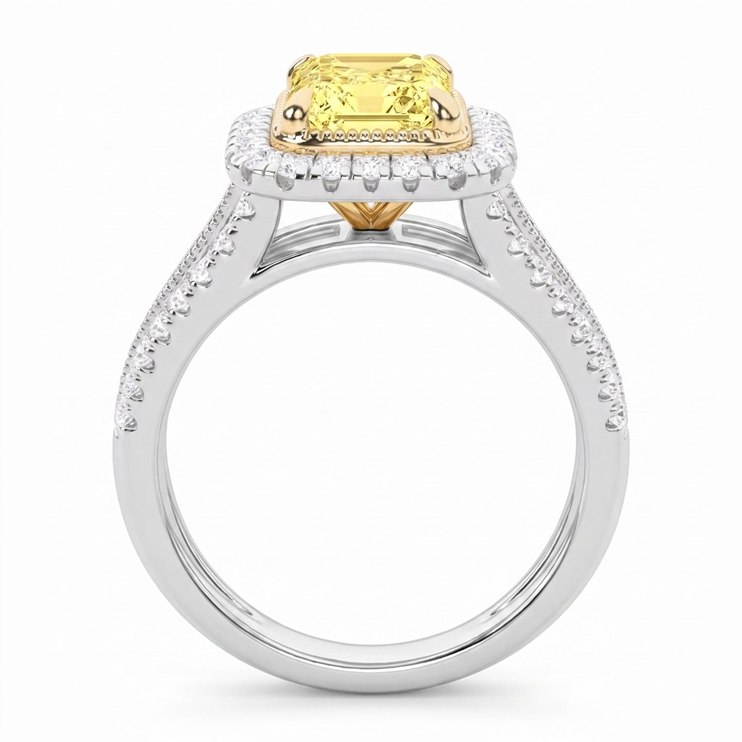 2.5Cttw Radiant Shaped Fancy Yellow Lab Grown Diamond (F/VS) Split Shank Halo Engagement Ring 14K Gold