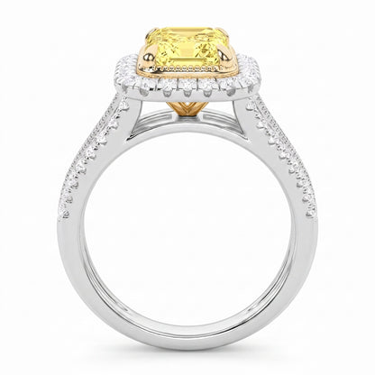 2.5Cttw Radiant Shaped Fancy Yellow Lab Grown Diamond (F/VS) Split Shank Halo Engagement Ring 14K Gold