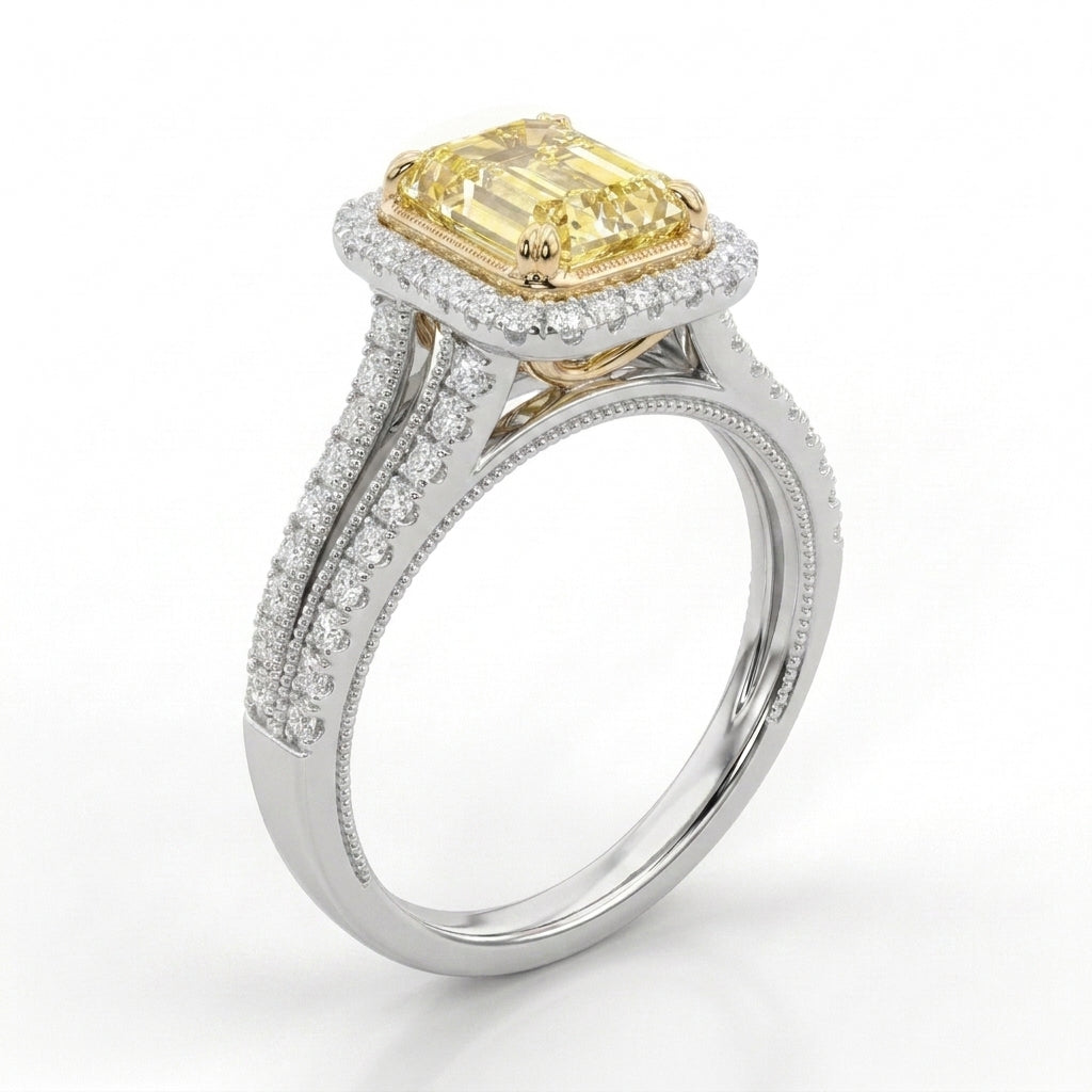 2.5Cttw Radiant Shaped Fancy Yellow Lab Grown Diamond (F/VS) Split Shank Engagement Halo Ring 14K Gold