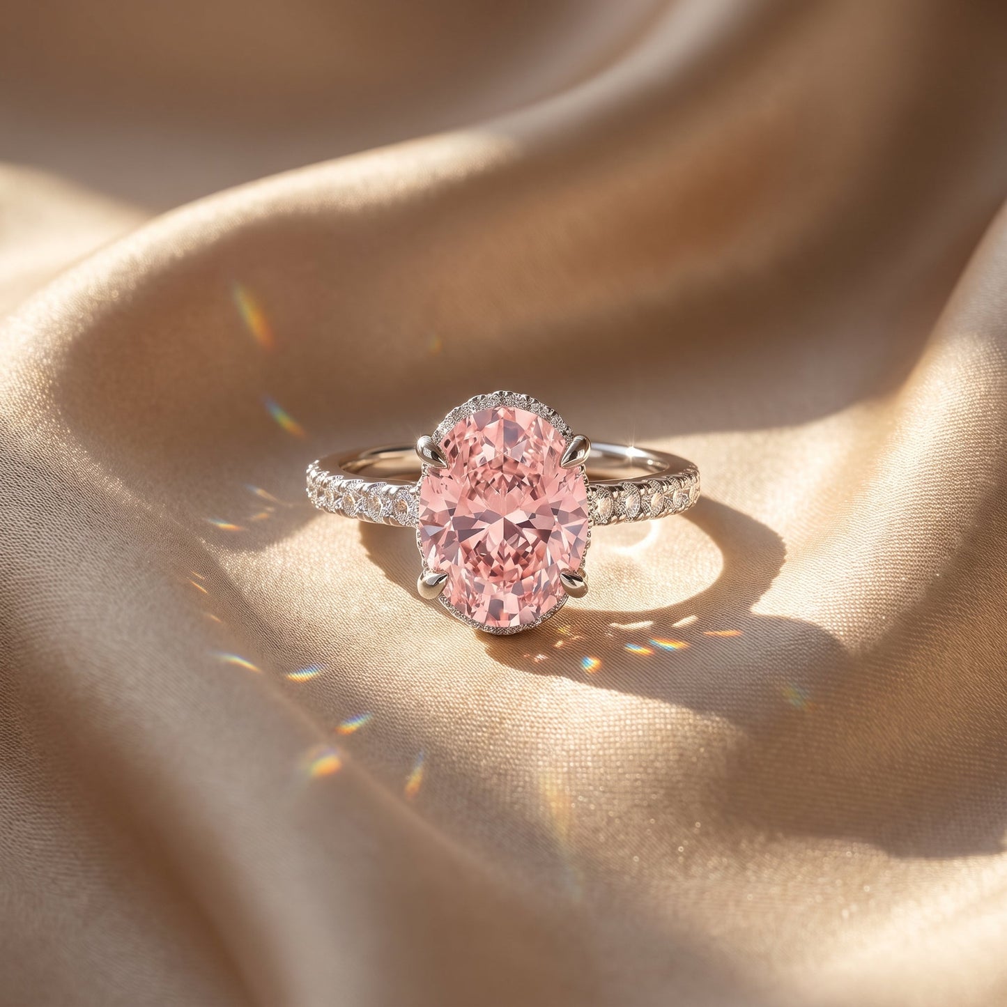2Cttw Oval Shaped Pink Lab Grown Diamond (F/VS) Halo Accented Engagement Ring in 14K Gold
