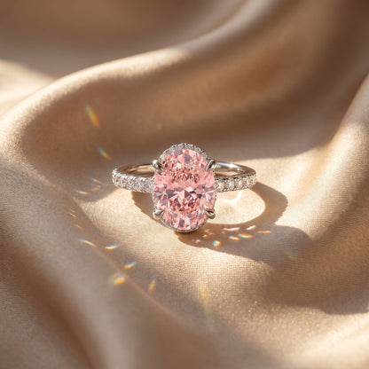 2Cttw Oval Shaped Pink Lab Grown Diamond (F/VS) Halo Accented Engagement Ring in 14K Gold