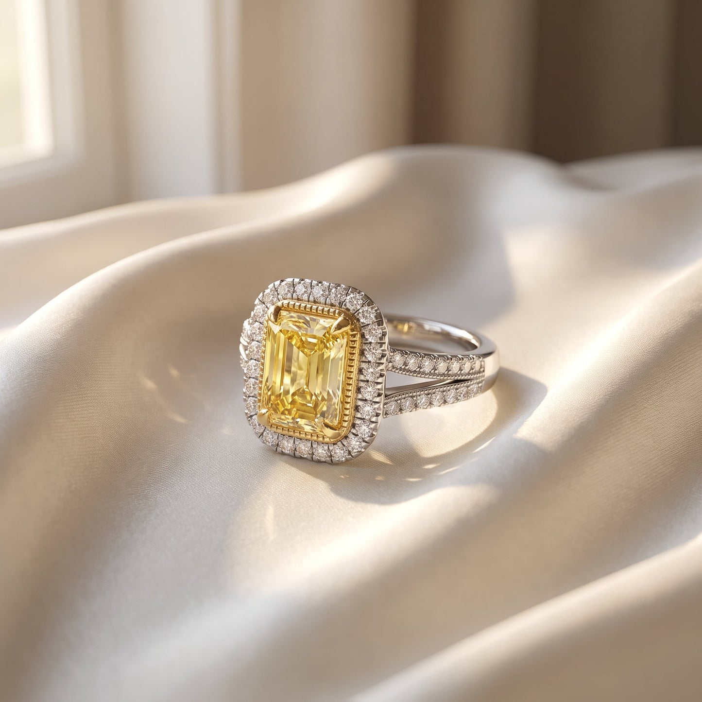 2.5Cttw Radiant Shaped Fancy Yellow Lab Grown Diamond (F/VS) Split Shank Halo Engagement Ring 14K Gold