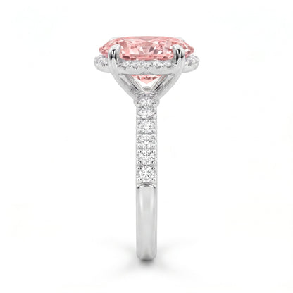 2Cttw Oval Shaped Pink Lab Grown Diamond (F/VS) Halo Accented Engagement Ring in 14K Gold