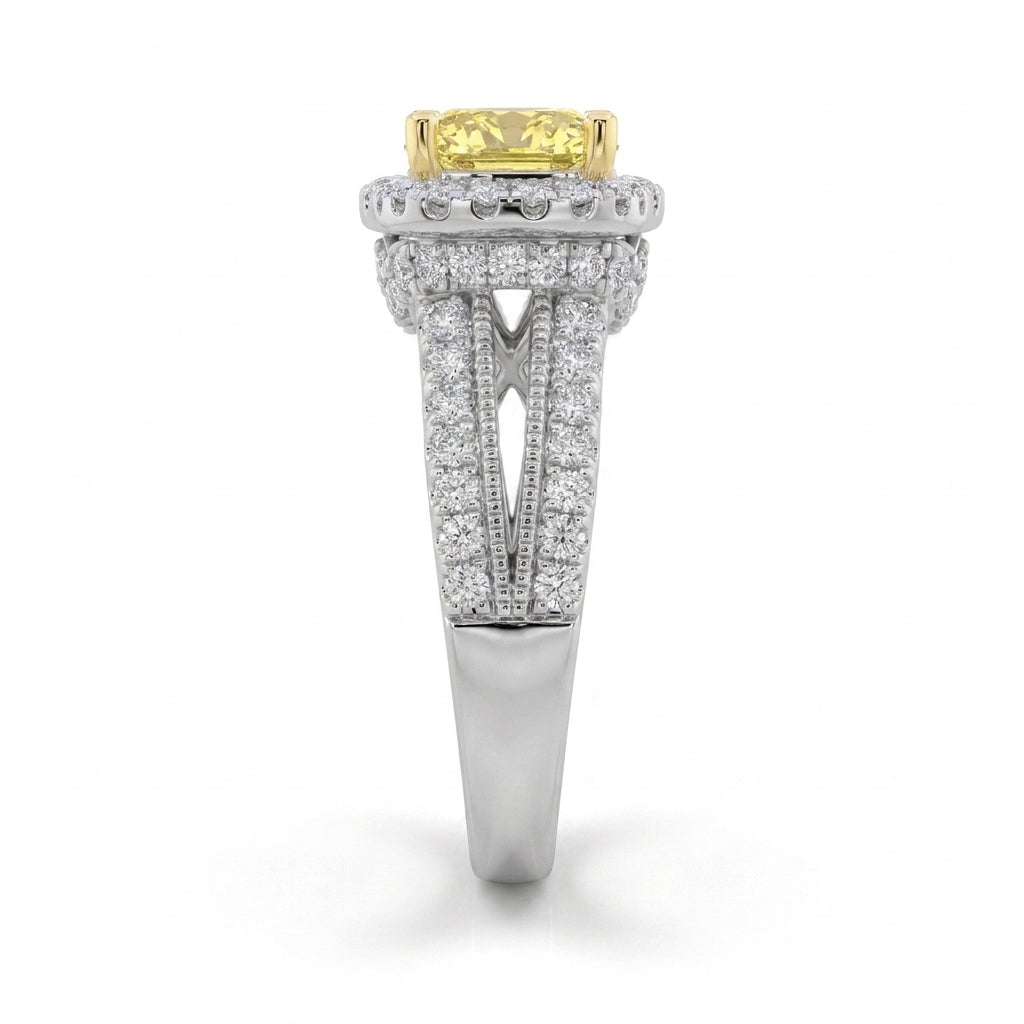 2.5Cttw Radiant Shaped Fancy Yellow Lab Grown Diamond (F/VS) Split Shank Halo Engagement Ring 14K Gold