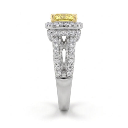 2.5Cttw Radiant Shaped Fancy Yellow Lab Grown Diamond (F/VS) Split Shank Engagement Halo Ring in 14K Gold