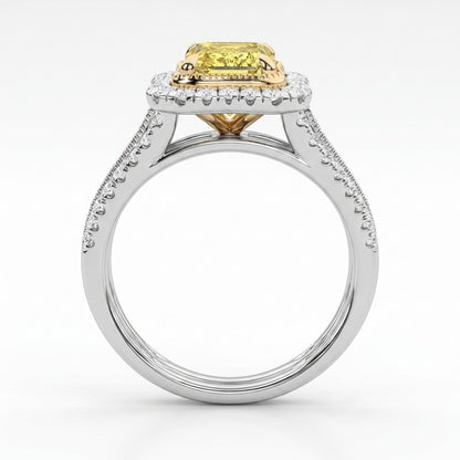 2.5Cttw Radiant Shaped Fancy Yellow Lab Grown Diamond (F/VS) Split Shank Engagement Halo Ring in 14K Gold