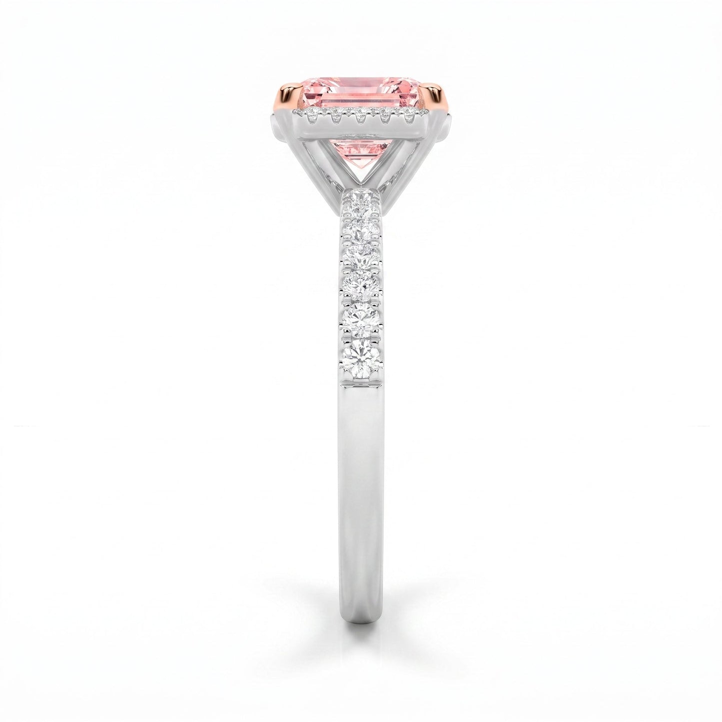 2Cttw Emerald Shaped Pink Lab Grown Diamond (F/VS) Halo Accented Engagement Ring in 14K Gold