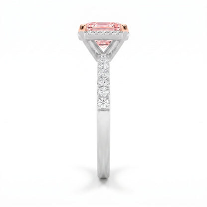 2Cttw Emerald Shaped Pink Lab Grown Diamond (F/VS) Halo Accented Engagement Ring in 14K Gold