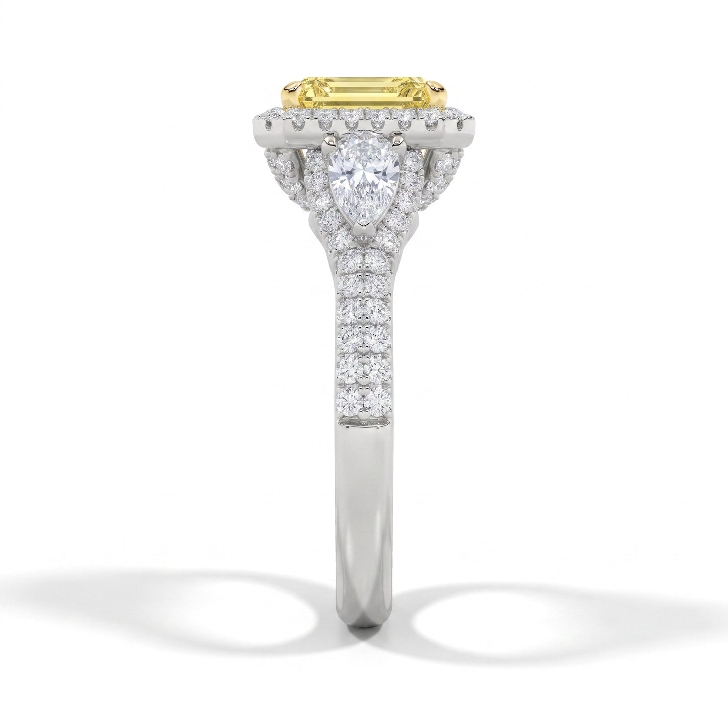 3Cttw Radiant Shaped Yellow Lab Grown Diamond (F/VS) Accented Three Stone Engagement Ring in 14K Gold