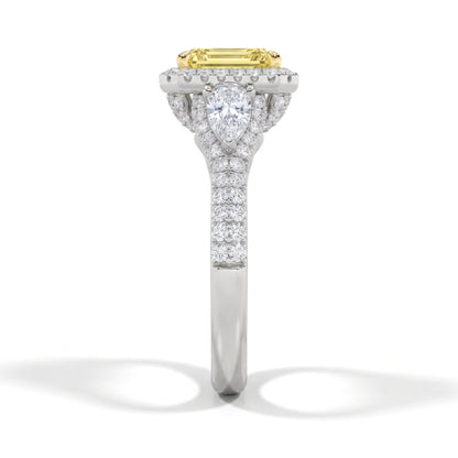 3Cttw Radiant Shaped Yellow Lab Grown Diamond (F/VS) Accented Three Stone Engagement Ring in 14K Gold