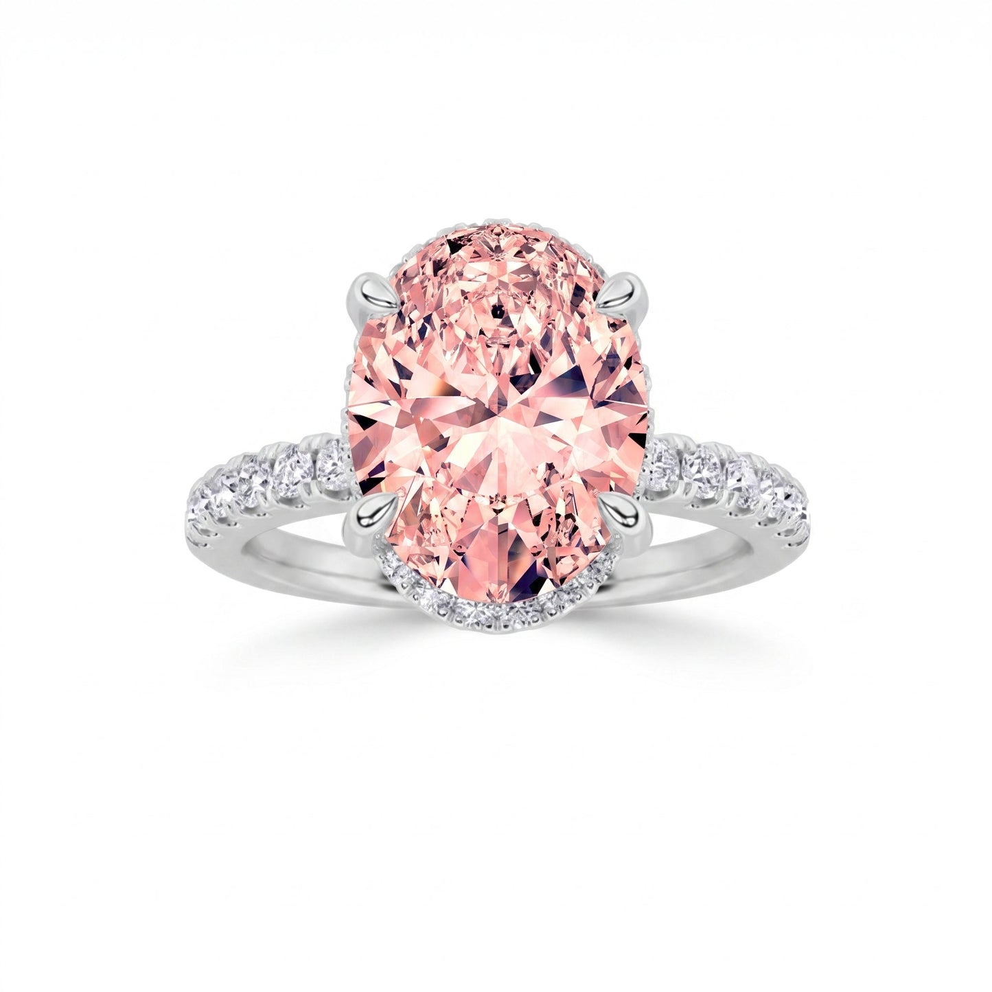 2Cttw Oval Shaped Pink Lab Grown Diamond (F/VS) Halo Accented Engagement Ring in 14K Gold