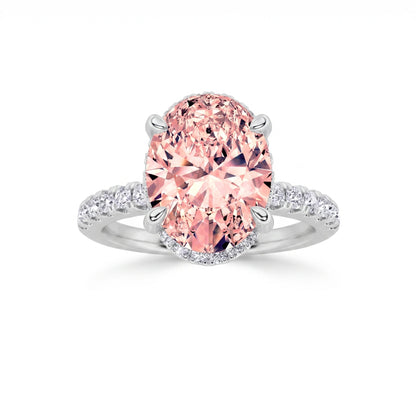 2Cttw Oval Shaped Pink Lab Grown Diamond (F/VS) Halo Accented Engagement Ring in 14K Gold