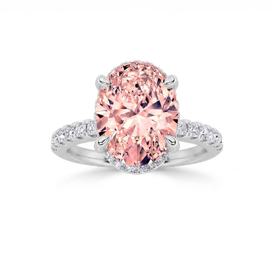 2Cttw Oval Shaped Pink Lab Grown Diamond (F/VS) Halo Accented Engagement Ring in 14K Gold