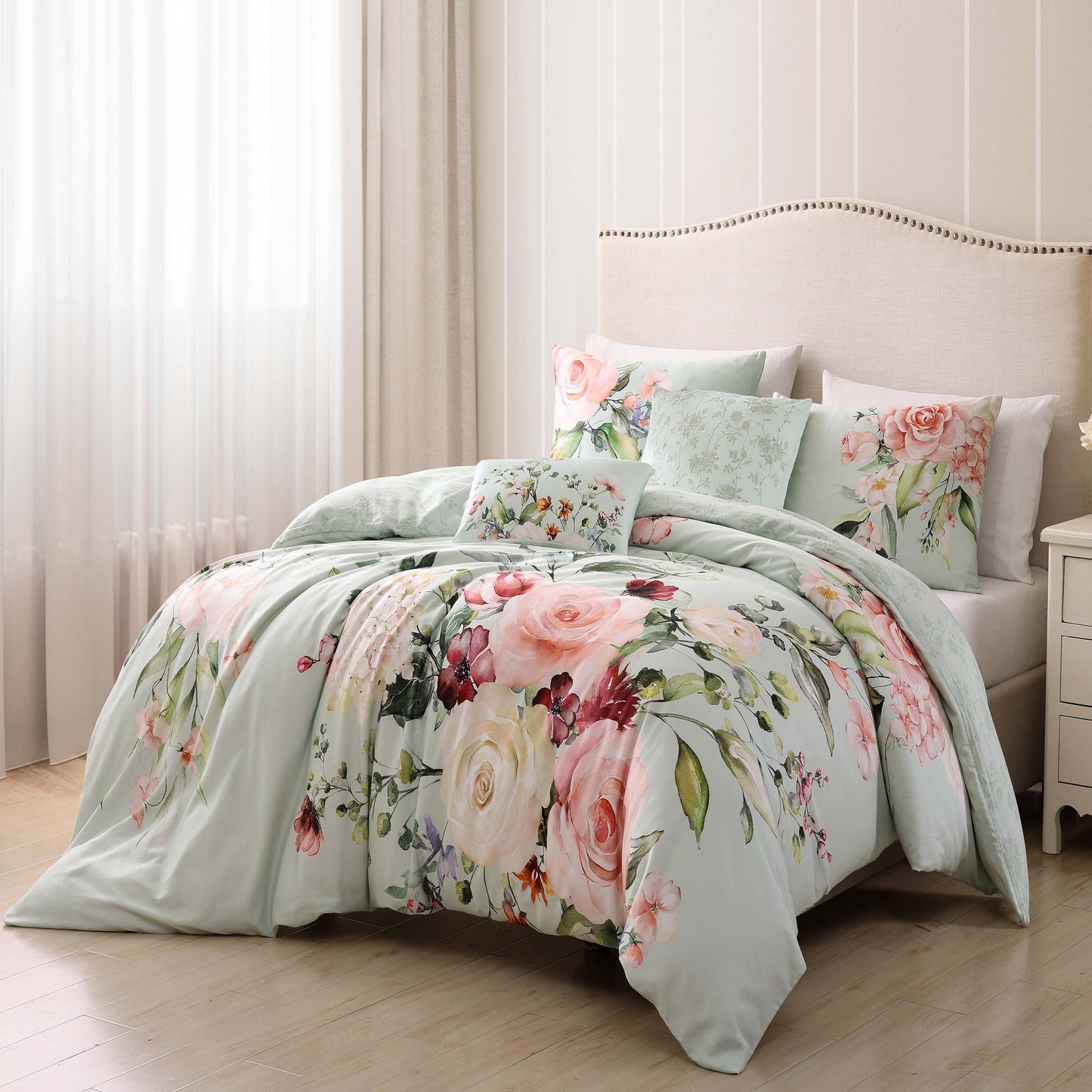 Bebejan Rose on Misty Green 5 Piece Reversible Comforter Set