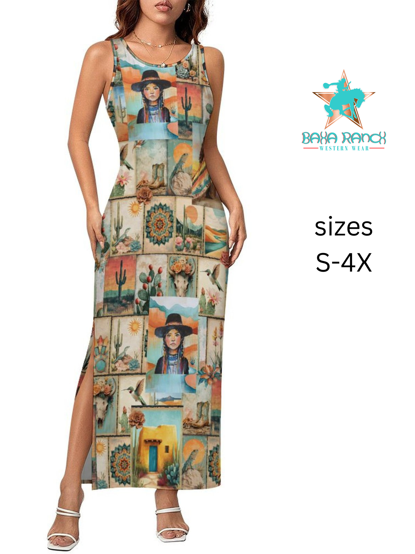Baha Ranch Colores de Mexico Pictures of the Southwest Sleeveless Bodycon Side Slit Long Dress