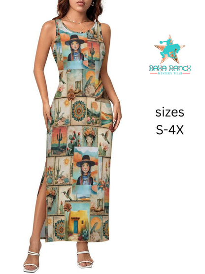 Baha Ranch Colores de Mexico Pictures of the Southwest Sleeveless Bodycon Side Slit Long Dress