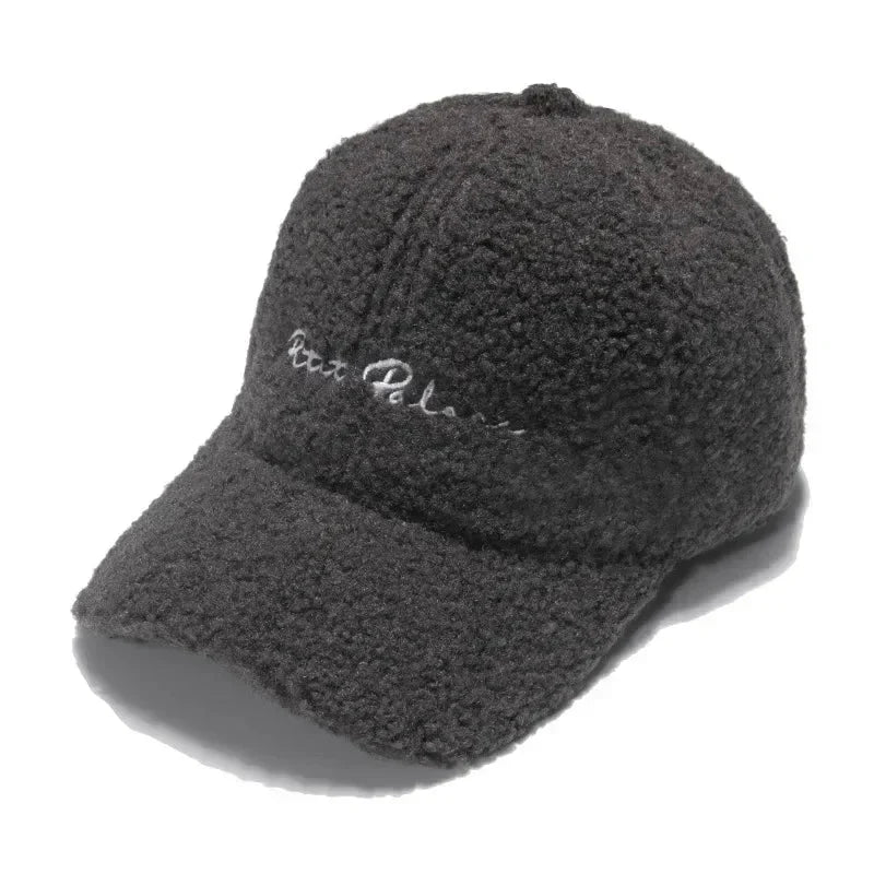 Lamb Wool Baseball Cap — Korean Style Plush Winter Sun Hat for Women
