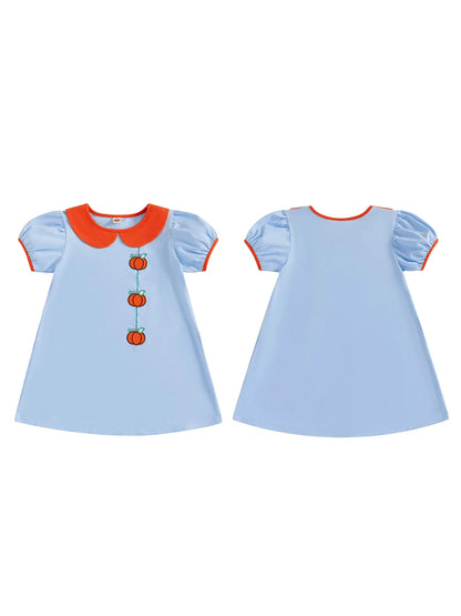 Toddler Kids Girl Halloween Dress Short Sleeve Round Neck Pumpkin Embroidery Dress Kid A-Line Dress