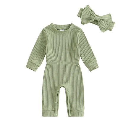 Baby Girls 2Pcs Fall Outfit Long Sleeve Round Neck Ribbed Full Leg Jumpsuit with Headband Set