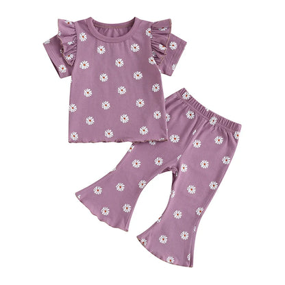 Toddler Kids Girl 2Pcs Summer Outfit Ruffle Short Sleeve Floral Flowers Print Top + Bell Bottom Pants Set Clothes