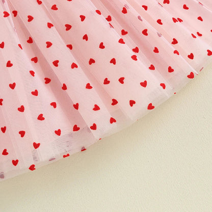 Baby Toddler Girl Valentine’s Day Dress Heart Print Short Puff Sleeve Tulle Princess