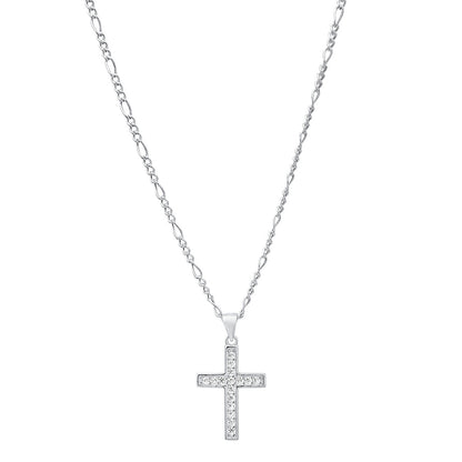 Unisex Sterling Silver Figaro Chain Necklace And Simulated Diamonds Cross Pendant