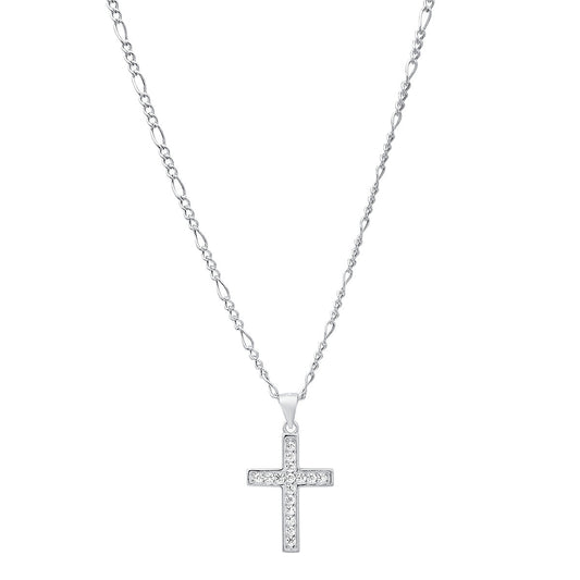 Unisex Sterling Silver Figaro Chain Necklace And Simulated Diamonds Cross Pendant