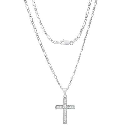 Unisex Sterling Silver Figaro Chain Necklace And Simulated Diamonds Cross Pendant