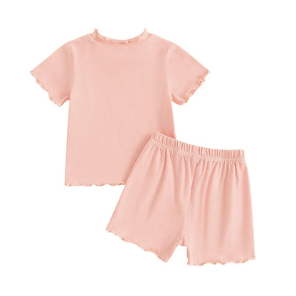Baby Toddler Kids Girls 2Pcs Short Sleeve Crew Neck Ruffle Sleeve Top with Elastic Waist Shorts Outfit Set