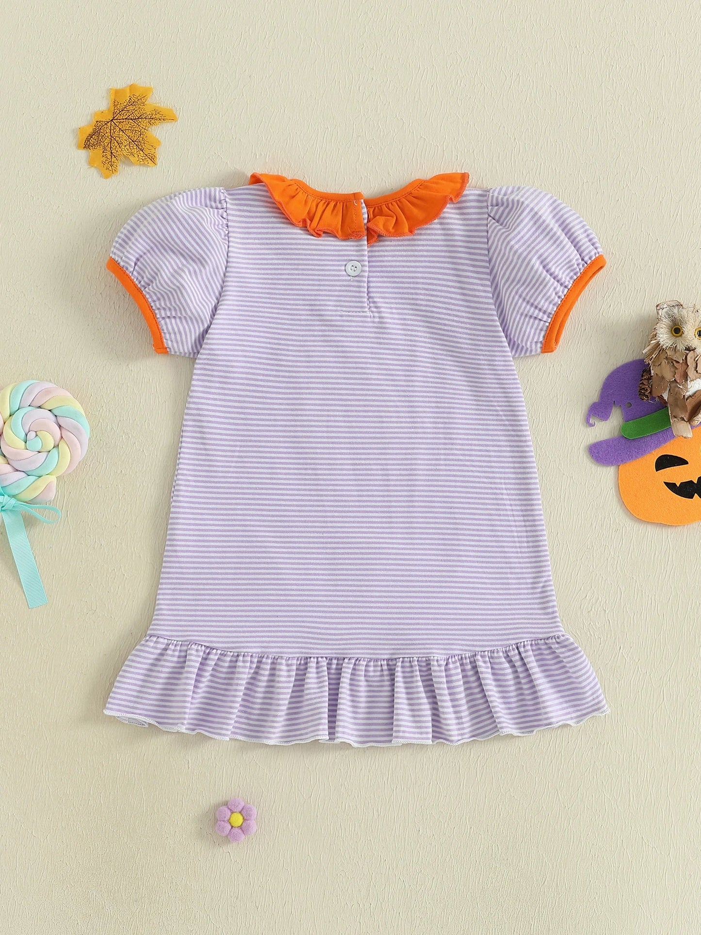 Baby Toddler Kids Girl Halloween Striped Dress Pumpkin Black Cat Embroidered Short Sleeve Ruffled Dress Cute Fall Clothes