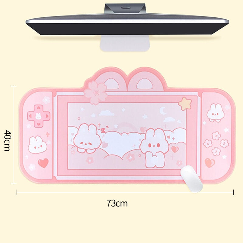 Kawaii Pink Bunnies in a Game Console Desk Pad-