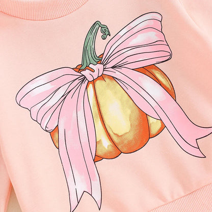 Baby Toddler Girls 2Pcs Halloween Outfit Bow Pumpkin Print Long Sleeve Top and Elastic Pants Set