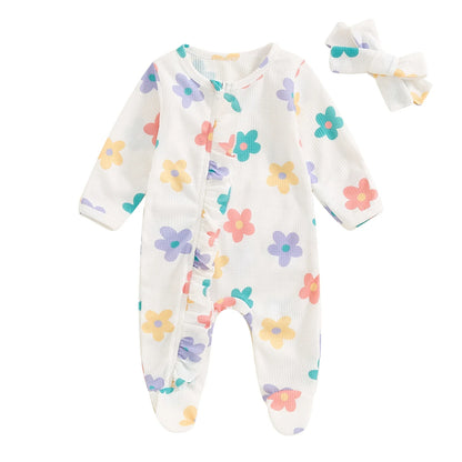 Baby Girls 2Pcs Long Sleeve Strawberry Flower Butterfly Print Frills Zipper Footies Jumpsuit and Headband Romper Set