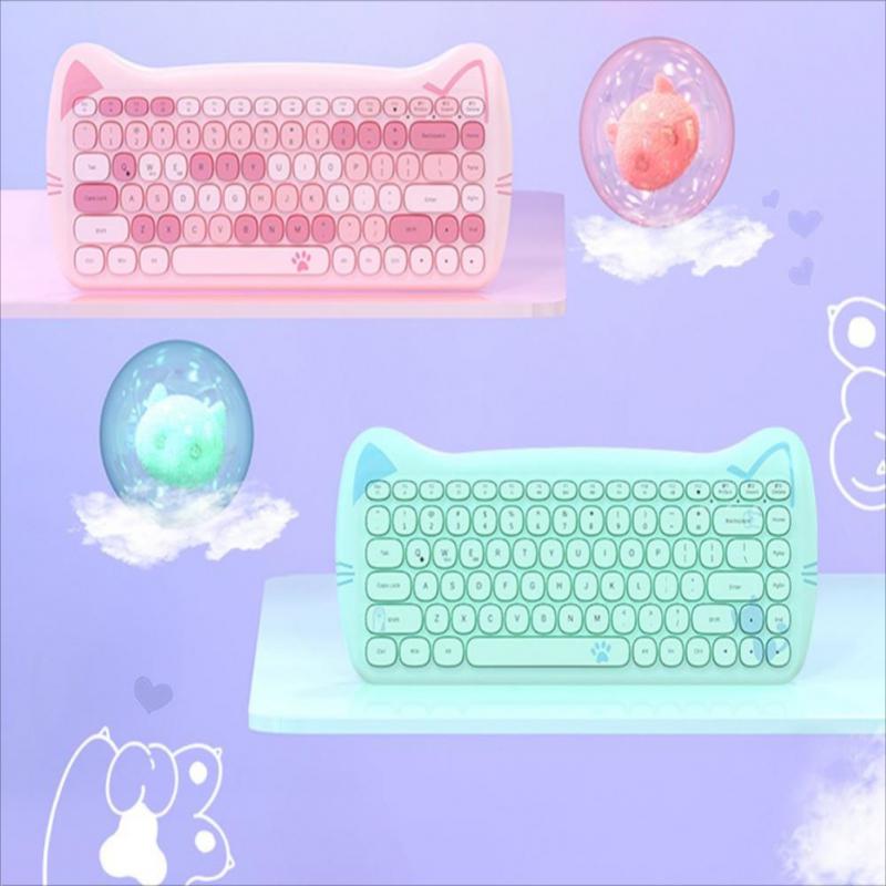 Kawaii Green and Pink Cat Shaped Wireless Keyboards-