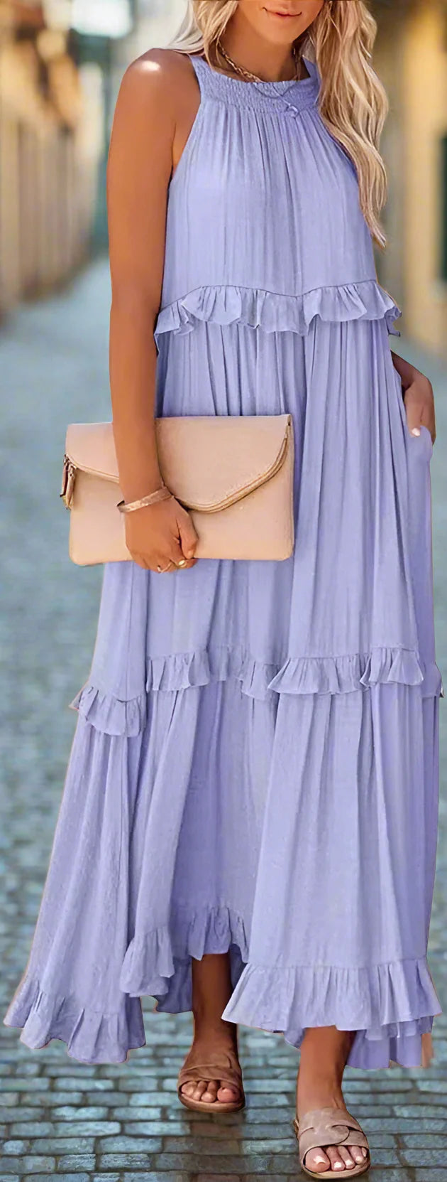 apricot purple dress Elegant Apricot Ruffle Maxi Dress purple / XXL