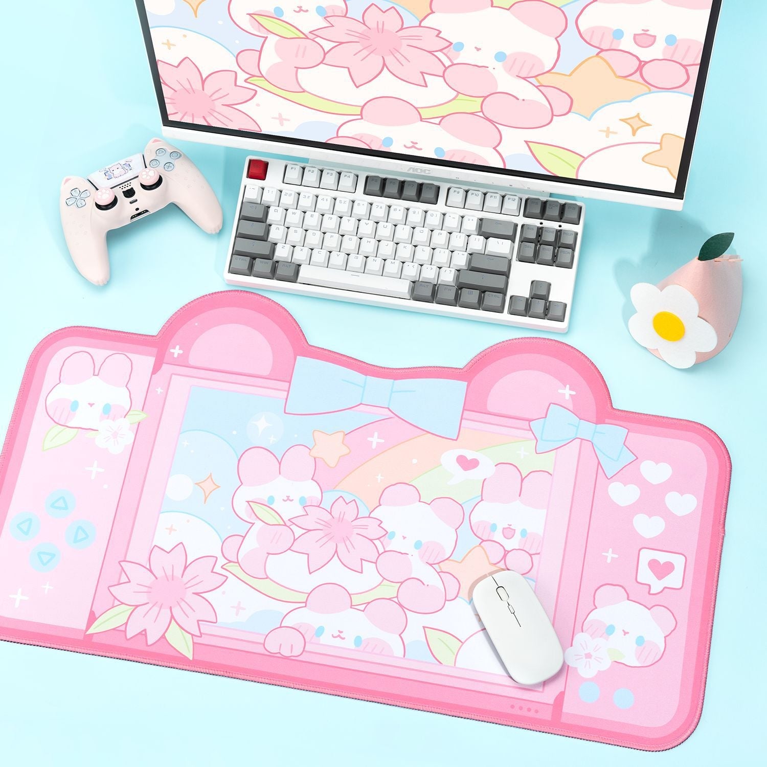 Kawaii Pink Bunnies and Bears With Cherry Blossoms in a Game Consol Desk Pad-