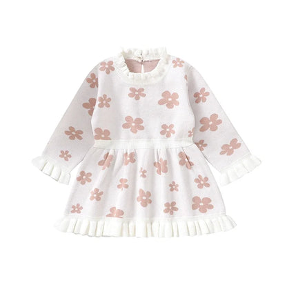 Baby Toddler Girl Long Sleeve Flower Floral Print Ruffle Sweater A-Line Dress
