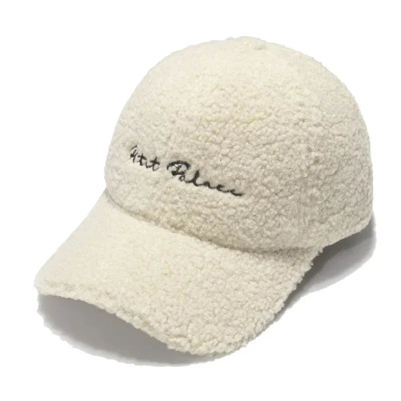 Lamb Wool Baseball Cap — Korean Style Plush Winter Sun Hat for Women