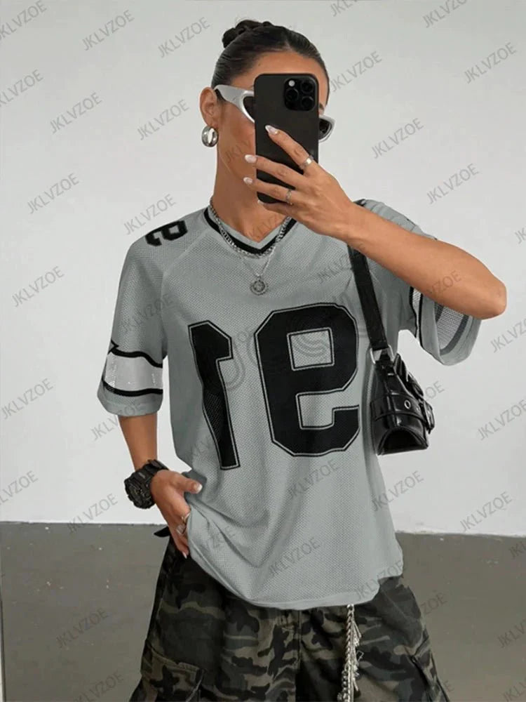 Summer New Black Speed 91 Print T-Shirt For Women V-Neck Patchwork Short Sleeve Sports Football Jersey Y2K Loose Oversized Tops