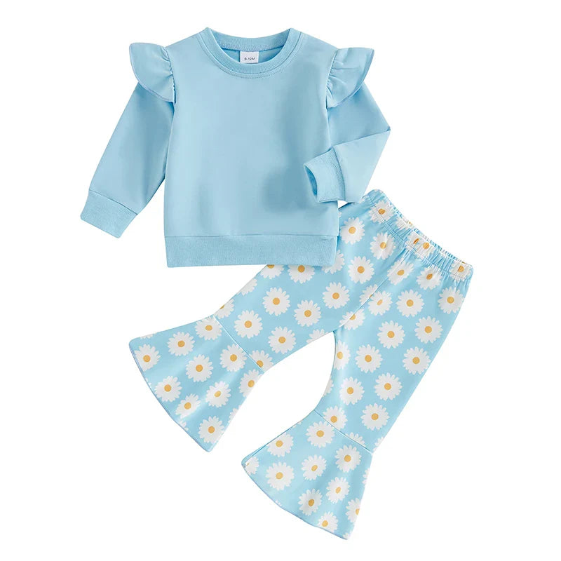 Toddler Kids Girls 2Pcs Fall Outfit Flying Sleeve Solid Color Pullover Top with Flower Floral Flared Pants Set