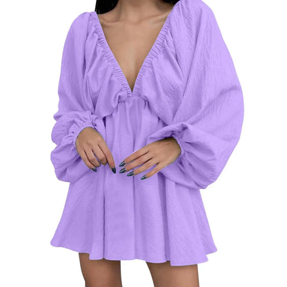 Mandotos Deep V Neck Retro Pleated Dress With Long Sleeves Pink Large Size For Women