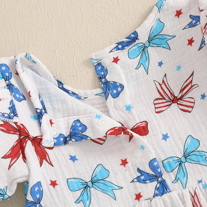 Baby Girl 2Pcs 4th of July Outfit Love Heart Star Pattern Ruffled Crew Neck Short Sleeve Romper & Bow Headband Set