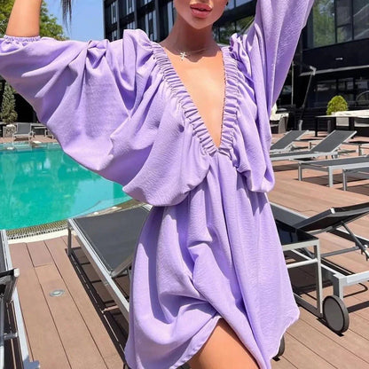 Mandotos Deep V Neck Retro Pleated Dress With Long Sleeves Pink Large Size For Women