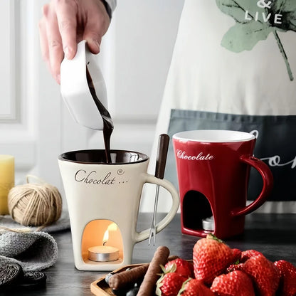 Reusable Heat Safe Ceramic Chocolate Fondue Warmer Bowl Set for Ice Cream Cheese Valentine Gift with Fork Candle Not Included