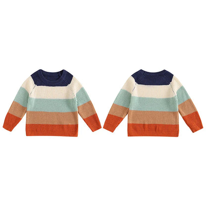 Baby Toddler Boys Girls Sweater Casual Contrast Color Stripes Warm Knitted Long Sleeve Pullover Top