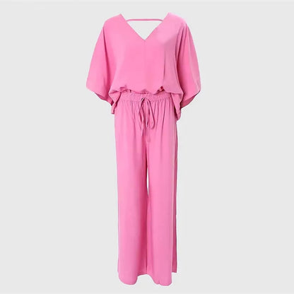 Women's V-Neck Batwing Top & Drawstring Wide-Leg Pants Two-Piece Set