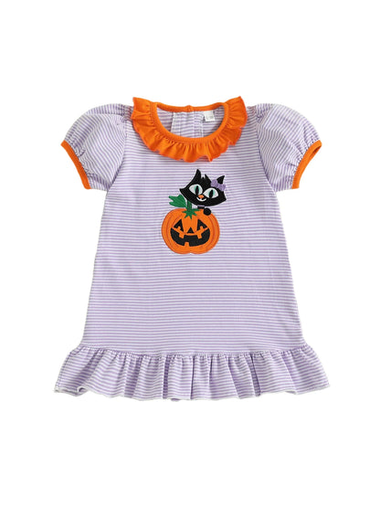 Baby Toddler Kids Girl Halloween Striped Dress Pumpkin Black Cat Embroidered Short Sleeve Ruffled Dress Cute Fall Clothes