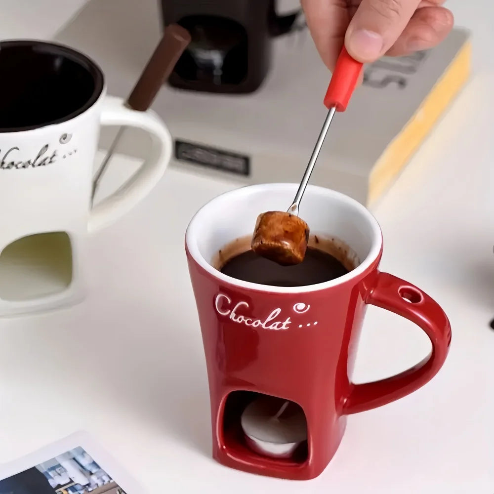 Reusable Heat Safe Ceramic Chocolate Fondue Warmer Bowl Set for Ice Cream Cheese Valentine Gift with Fork Candle Not Included